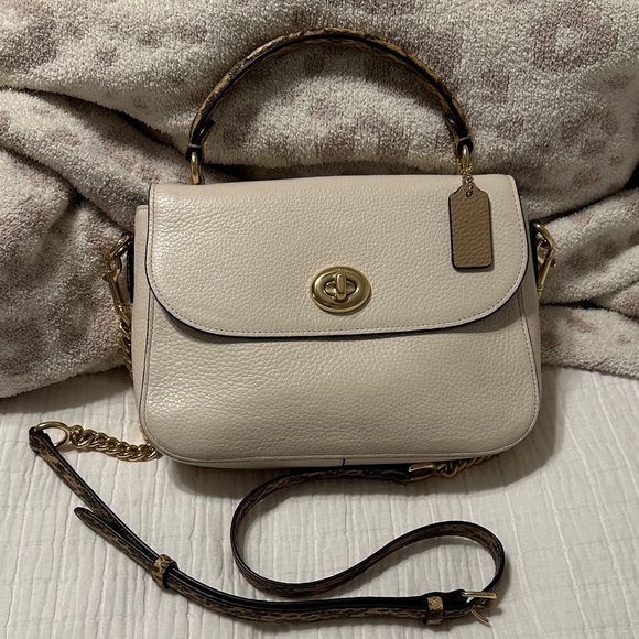 Coach C1560 Marlie Top Handle Satchel Purse Pebbled Chal Cream Leather Snakeskin - Picture 11 of 15